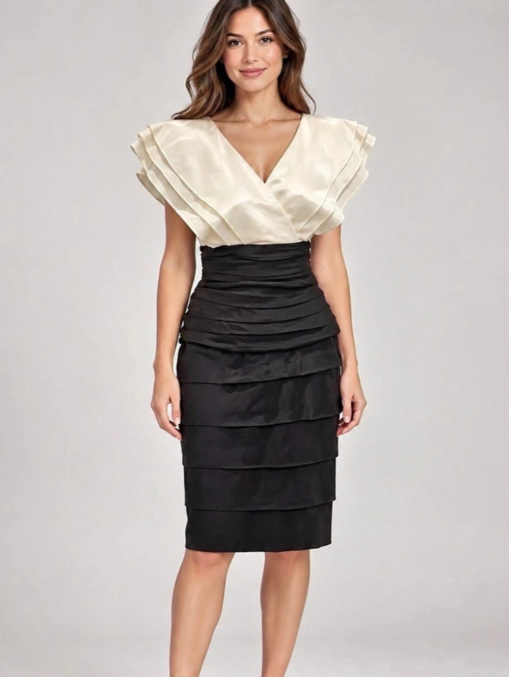 Vintage Tadashi Color Block Ruffle Midi Dress in Black & Cream Size 12 Like